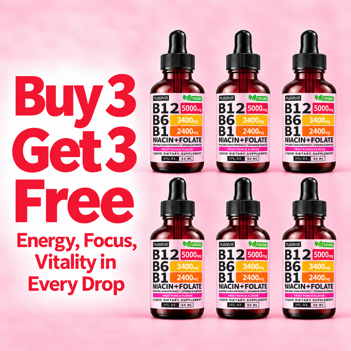 Nusava B12 Liquid Drops - Buy 3 Get 3 Free (6 Bottles)