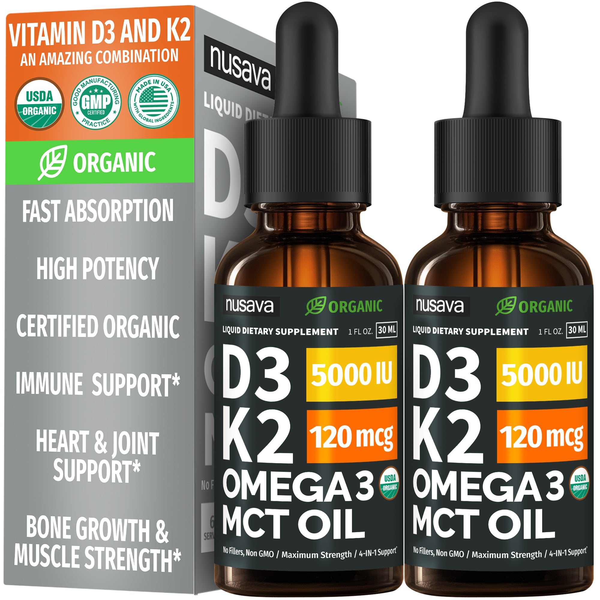 Organic Vitamin D3 K2 Drops with MCT Oil & Omega 3