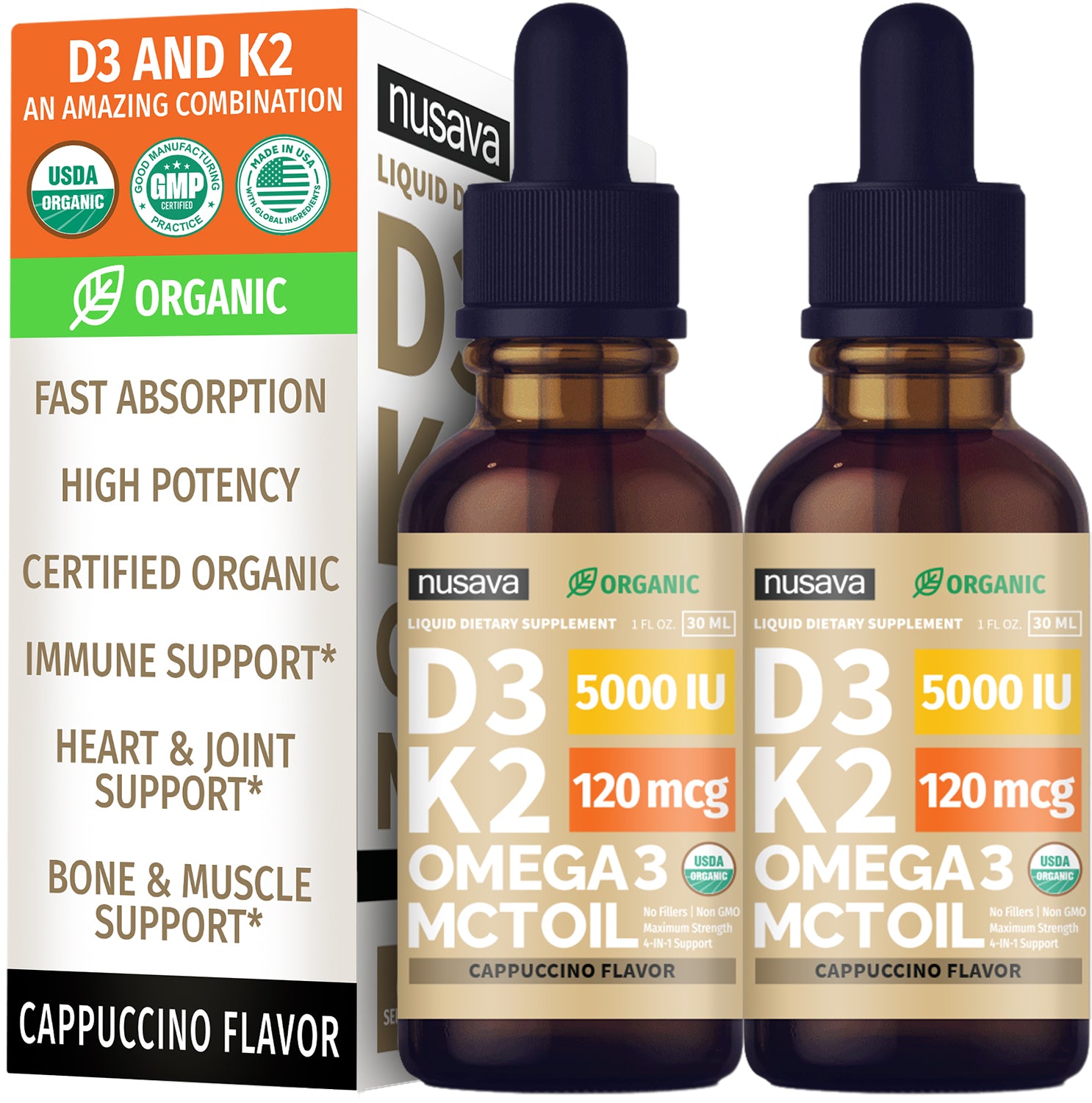 Organic Vitamin D3 K2 Drops with MCT Oil & Omega 3