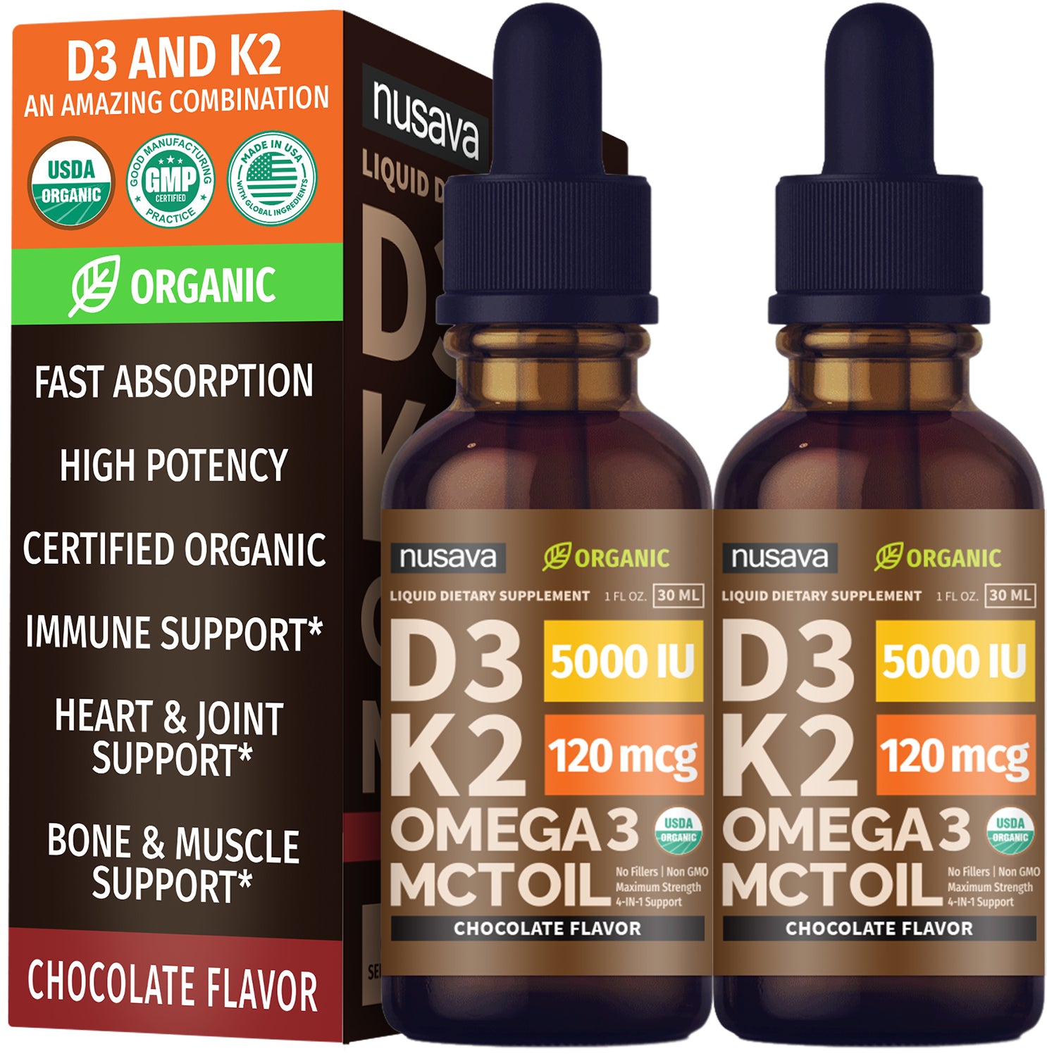 Organic Vitamin D3 K2 Drops with MCT Oil Omega 3, 5000 IU, Maximum Strength Vitamin D Liquid, No Fillers, Non-GMO Liquid D3 for Faster Absorption, Immune Support