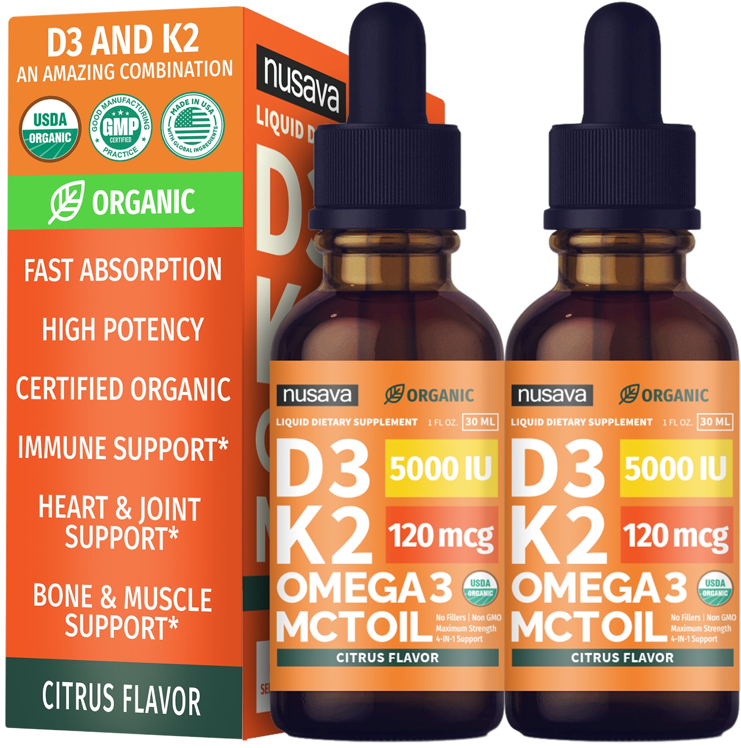 Organic Vitamin D3 K2 Drops with MCT Oil Omega 3, 5000 IU, Maximum Strength Vitamin D Liquid, No Fillers, Non-GMO Liquid D3 for Faster Absorption, Immune Support