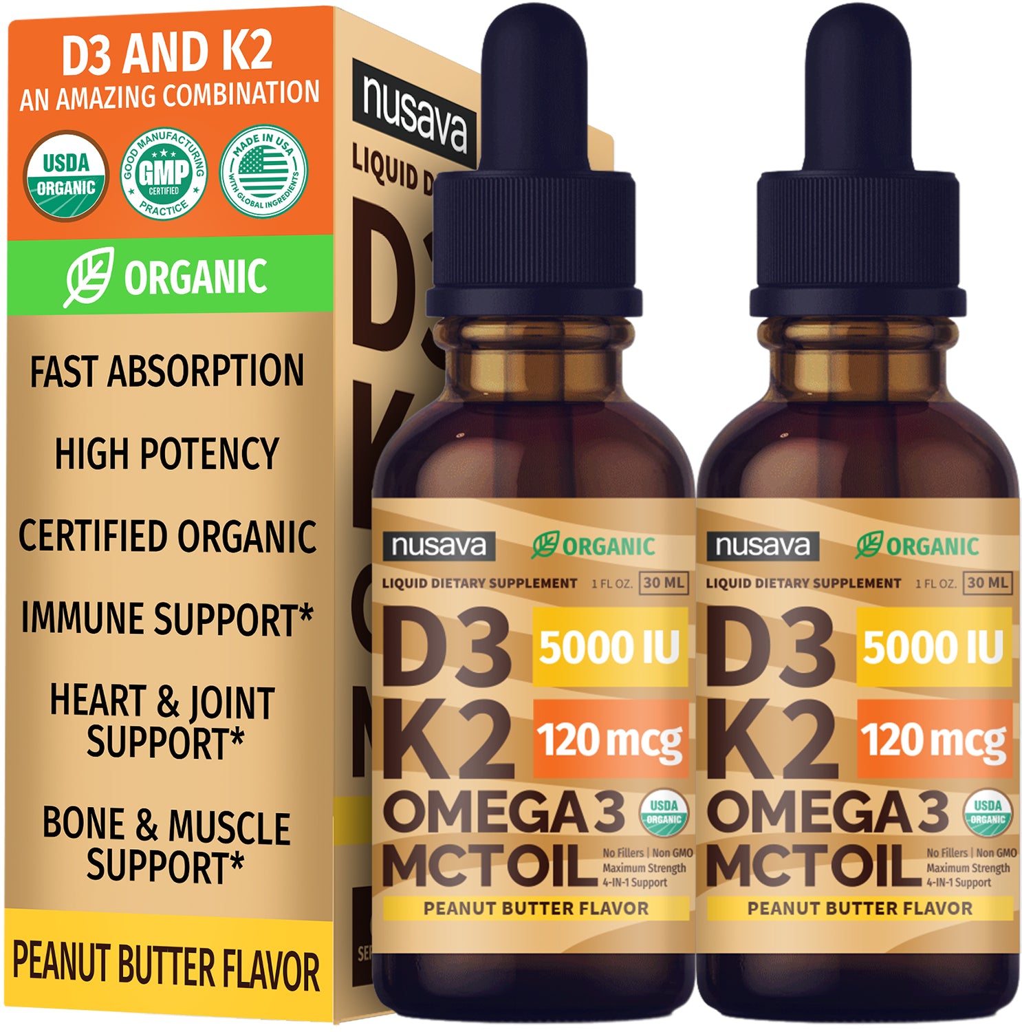 Organic Vitamin D3 K2 Drops with MCT Oil Omega 3, 5000 IU, Maximum Strength Vitamin D Liquid, No Fillers, Non-GMO Liquid D3 for Faster Absorption, Immune Support