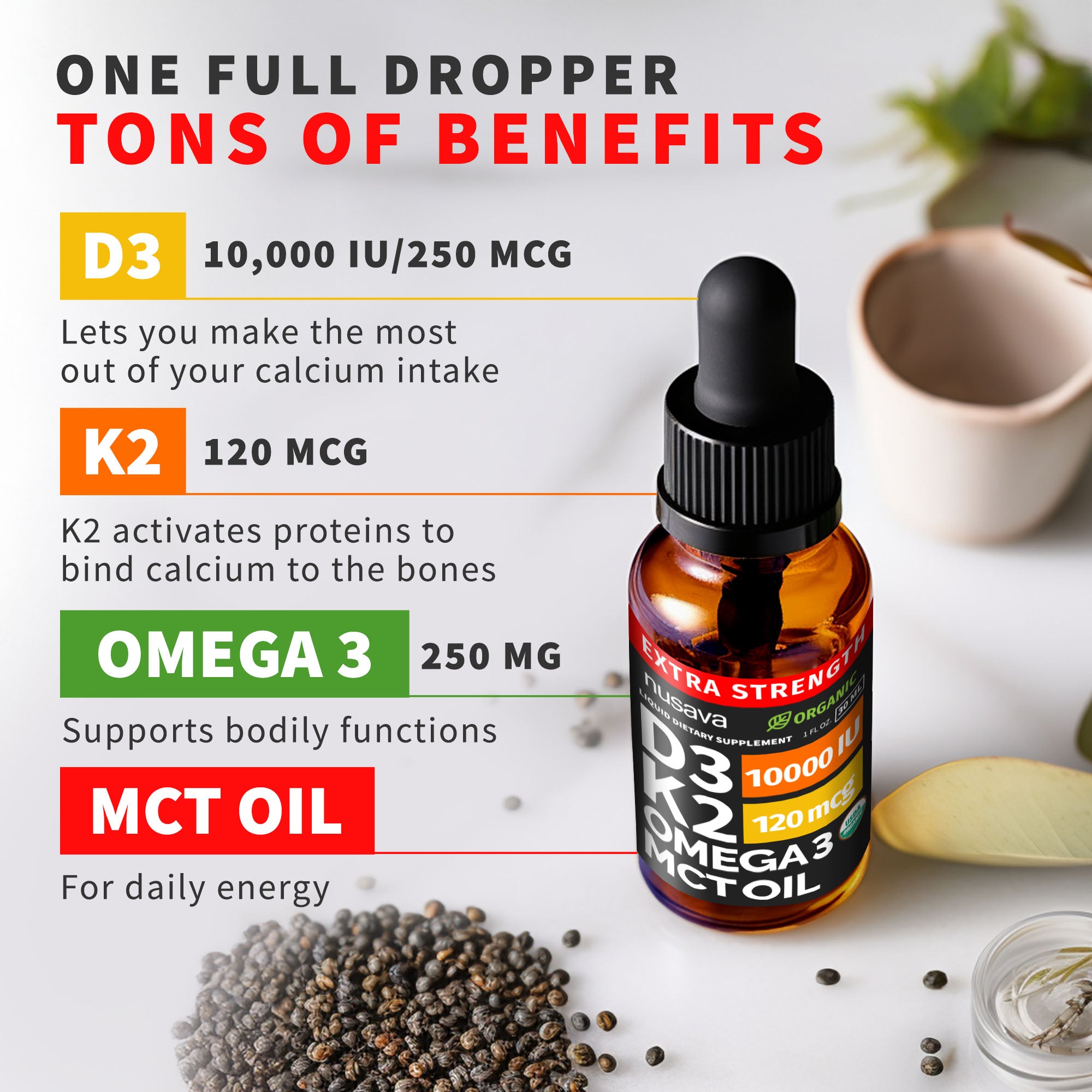 Organic Vitamin D3 K2 Drops with MCT Oil & Omega 3