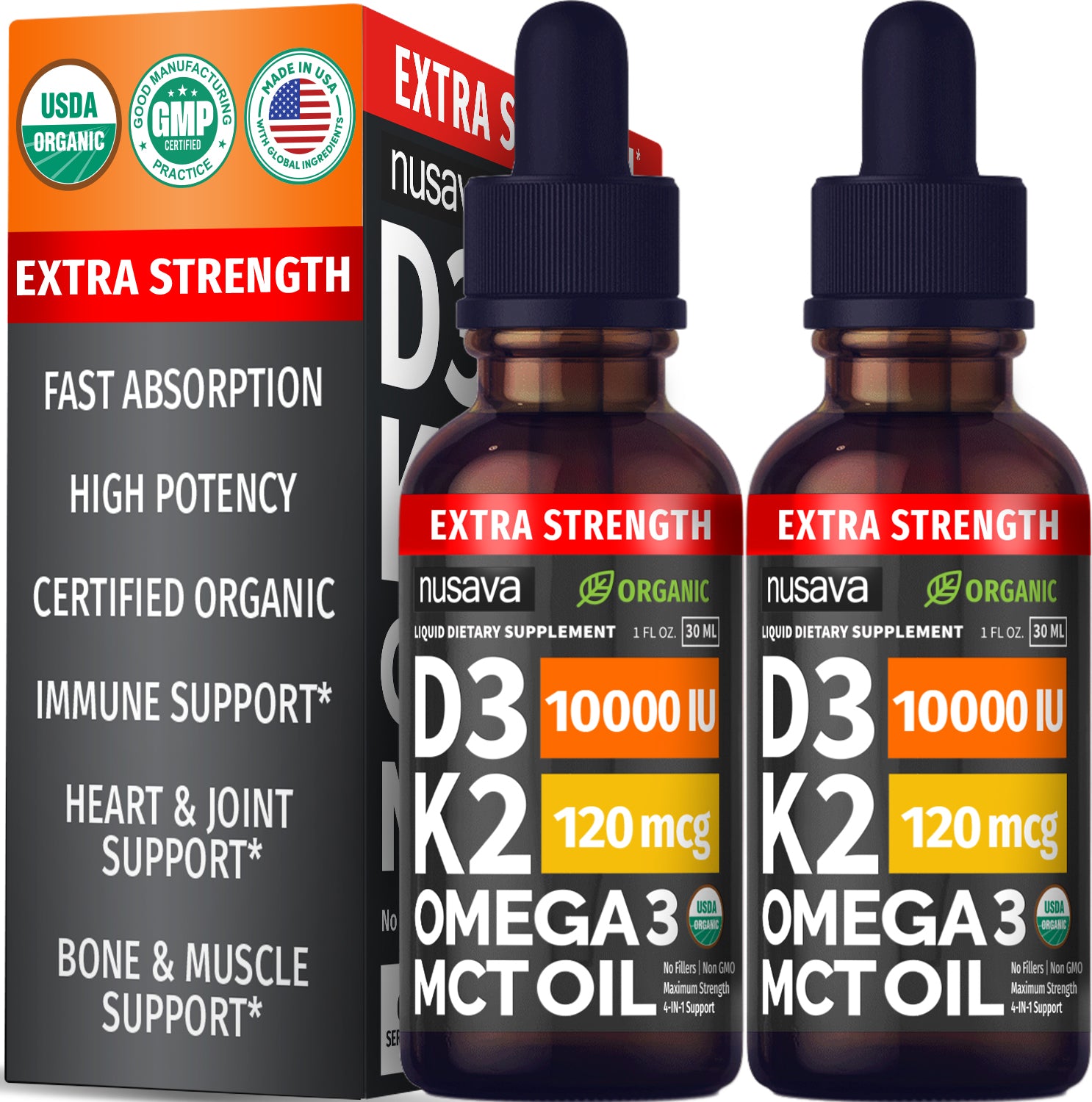 Organic Vitamin D3 K2 Drops with MCT Oil & Omega 3