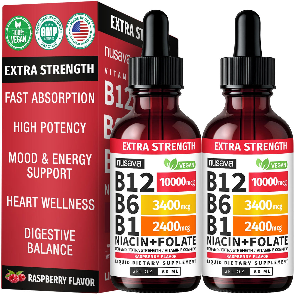 Nusava B12 Liquid Drops, Raspberry flavor (temporary image, single-bottle photography pending)