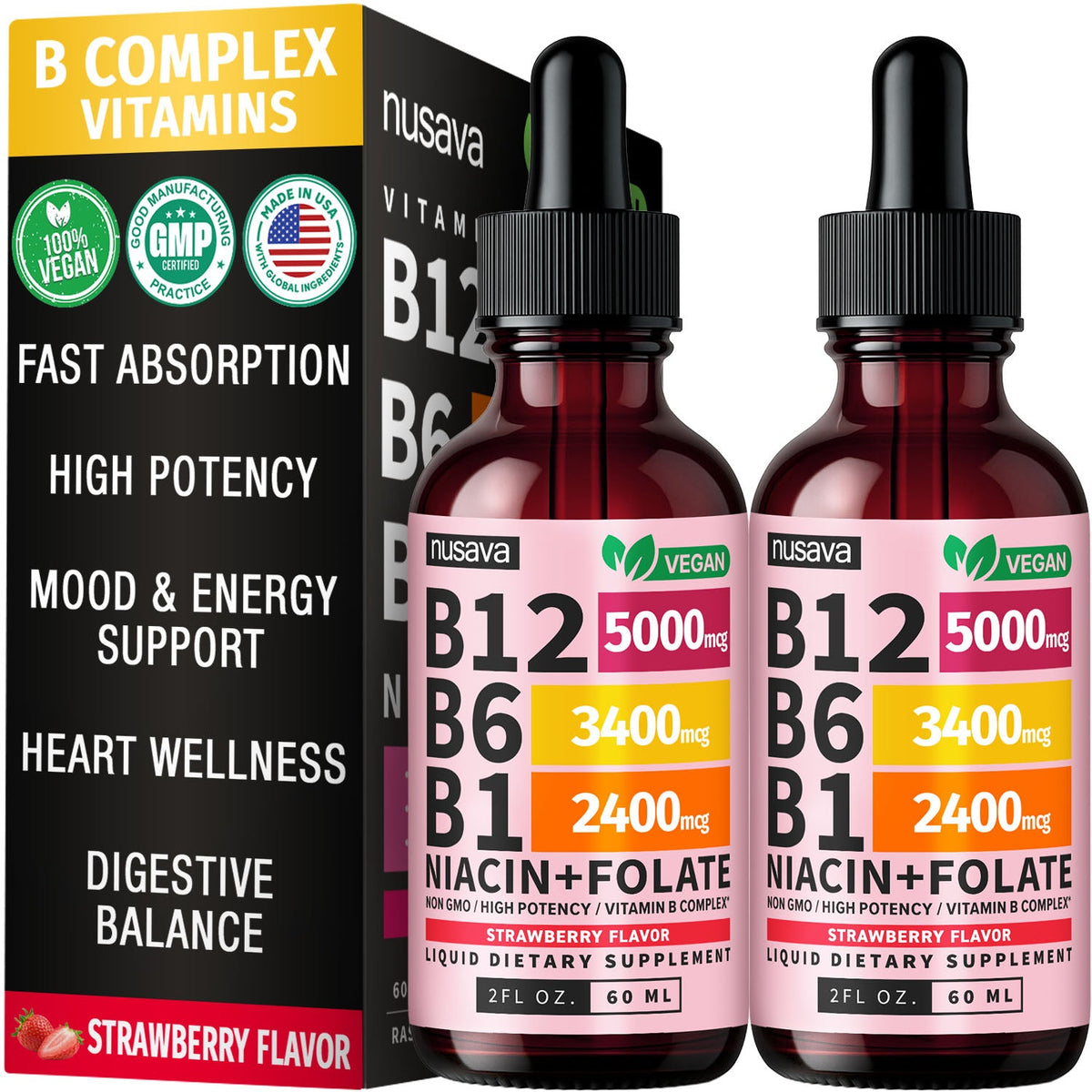Nusava B12 Liquid Drops, Strawberry flavor (temporary image, single-bottle photography pending)