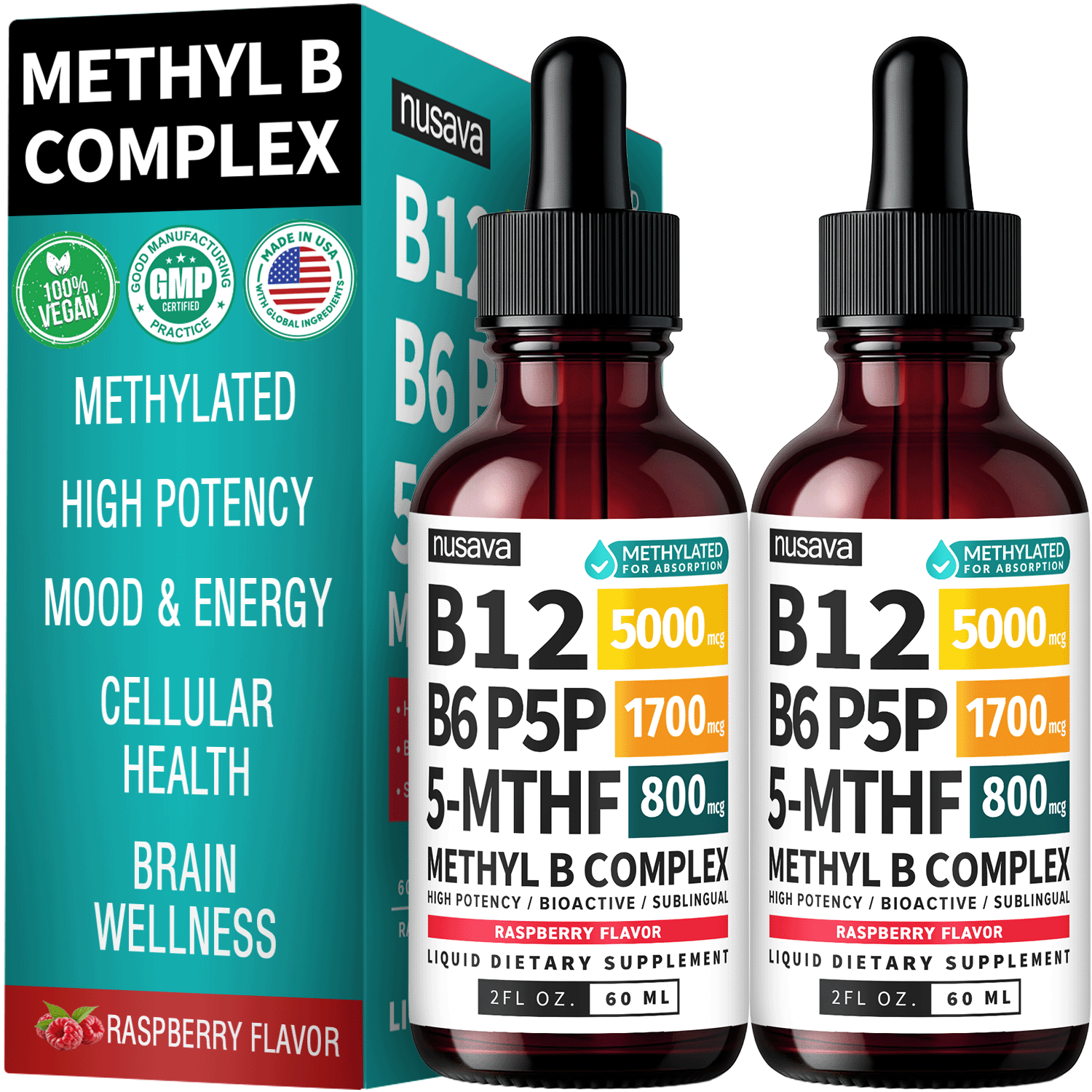Methylated B Complex Liquid Drops with Active L-Methylfolate - B12 Sublingual Drops, Vitamin B Complex
