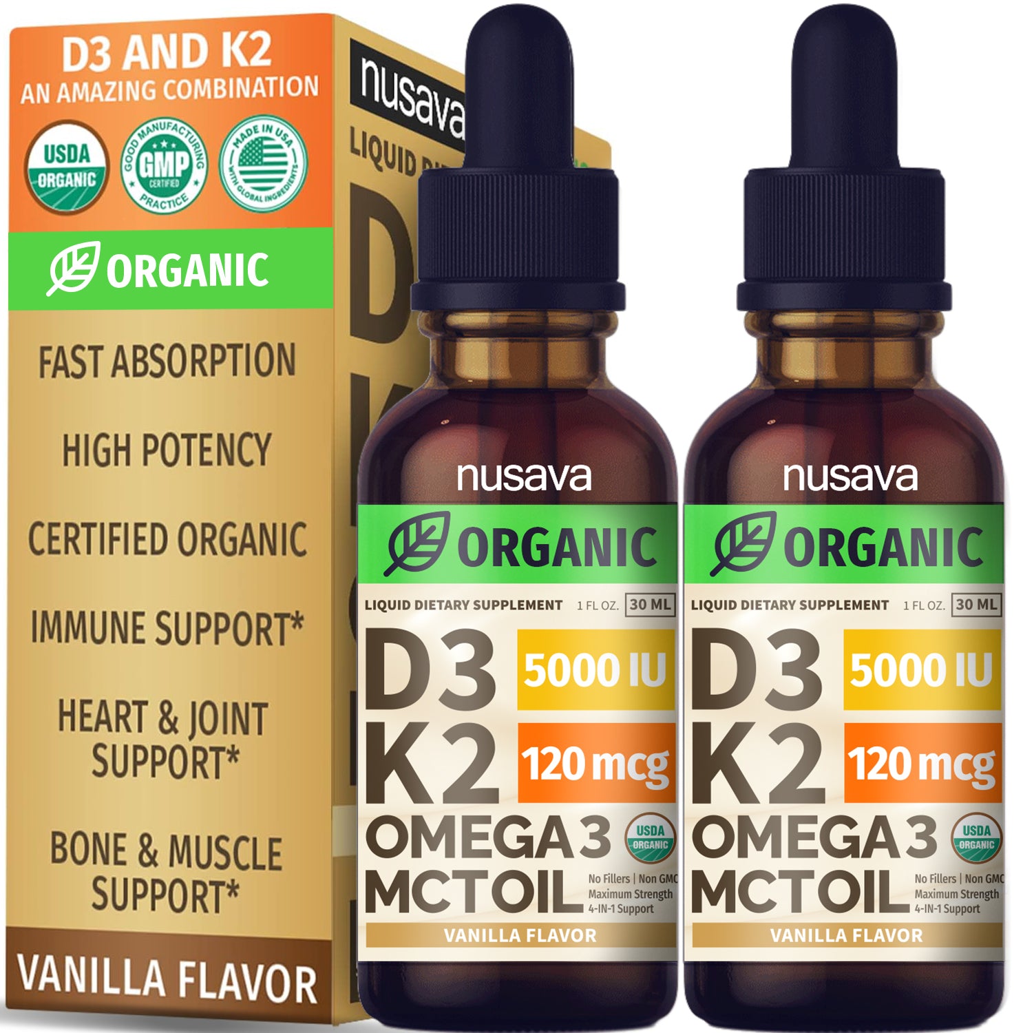 Organic Vitamin D3 K2 Drops with MCT Oil & Omega 3