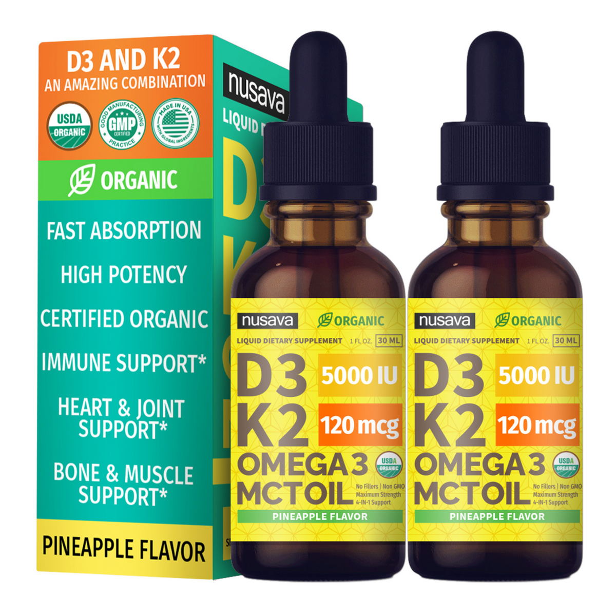 Organic Vitamin D3 K2 Drops with MCT Oil Omega 3, 5000 IU, Maximum Str ...