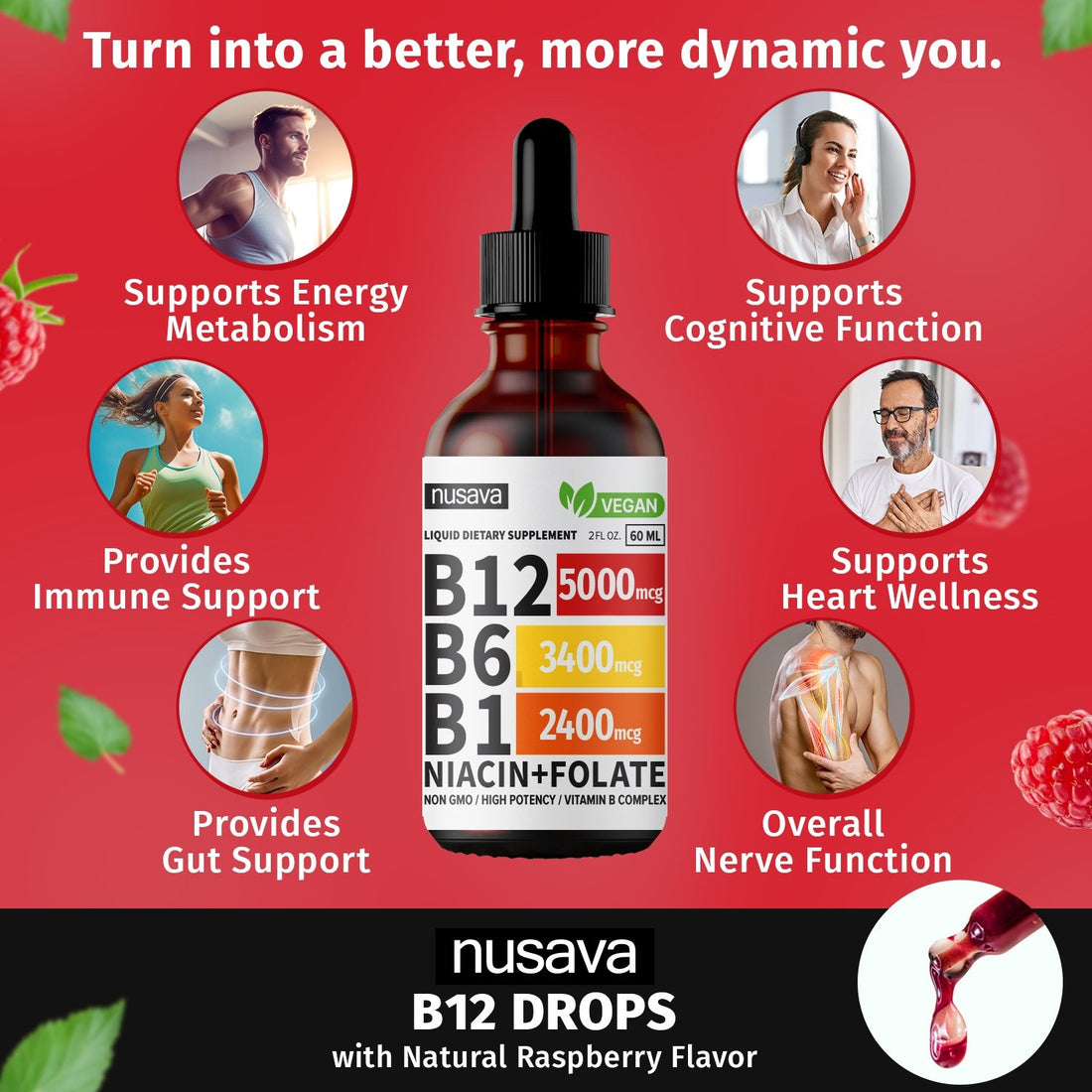 Vitamin B12 Liquid Drops - Raspberry Flavor