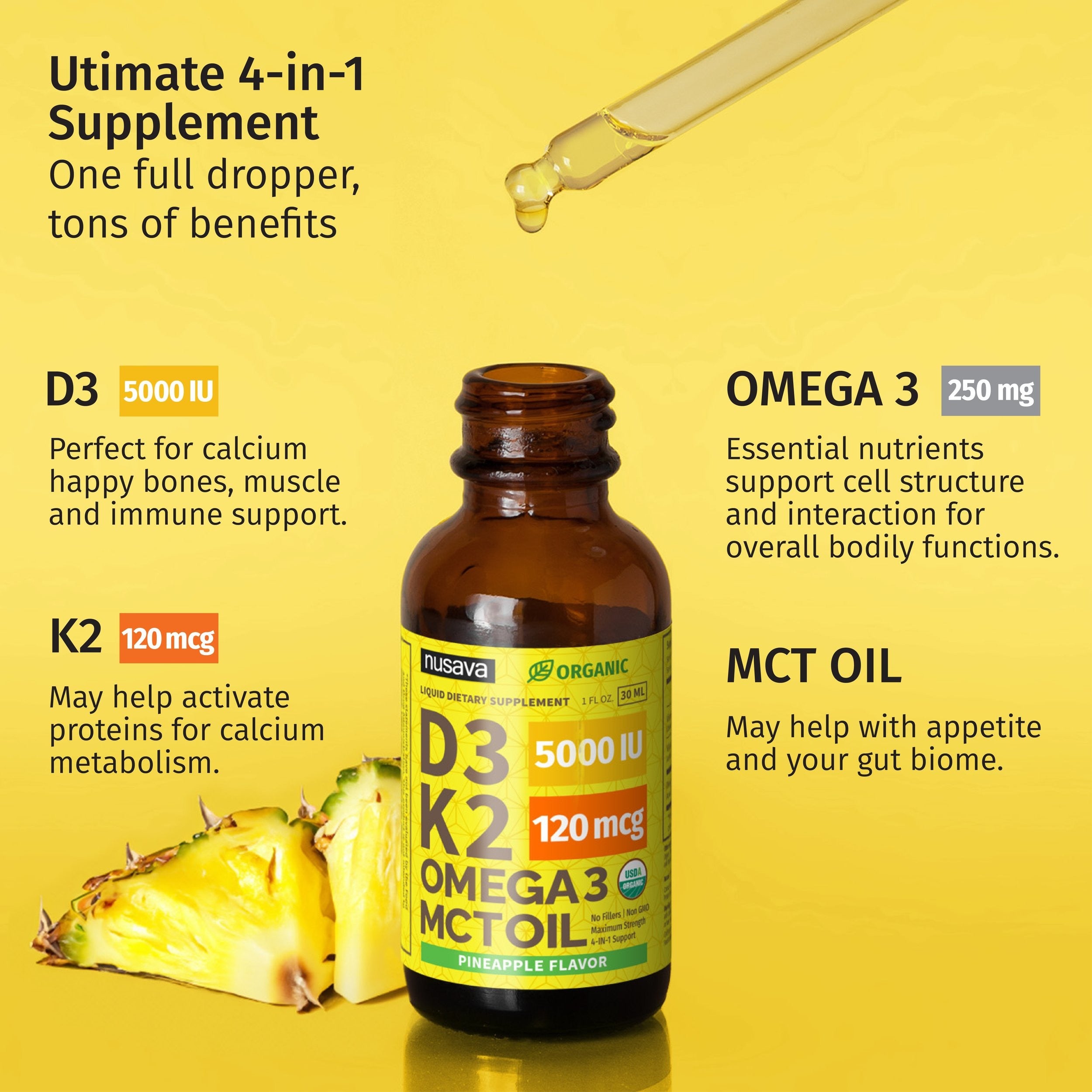 Organic Vitamin D3 K2 Drops - Pineapple Flavor