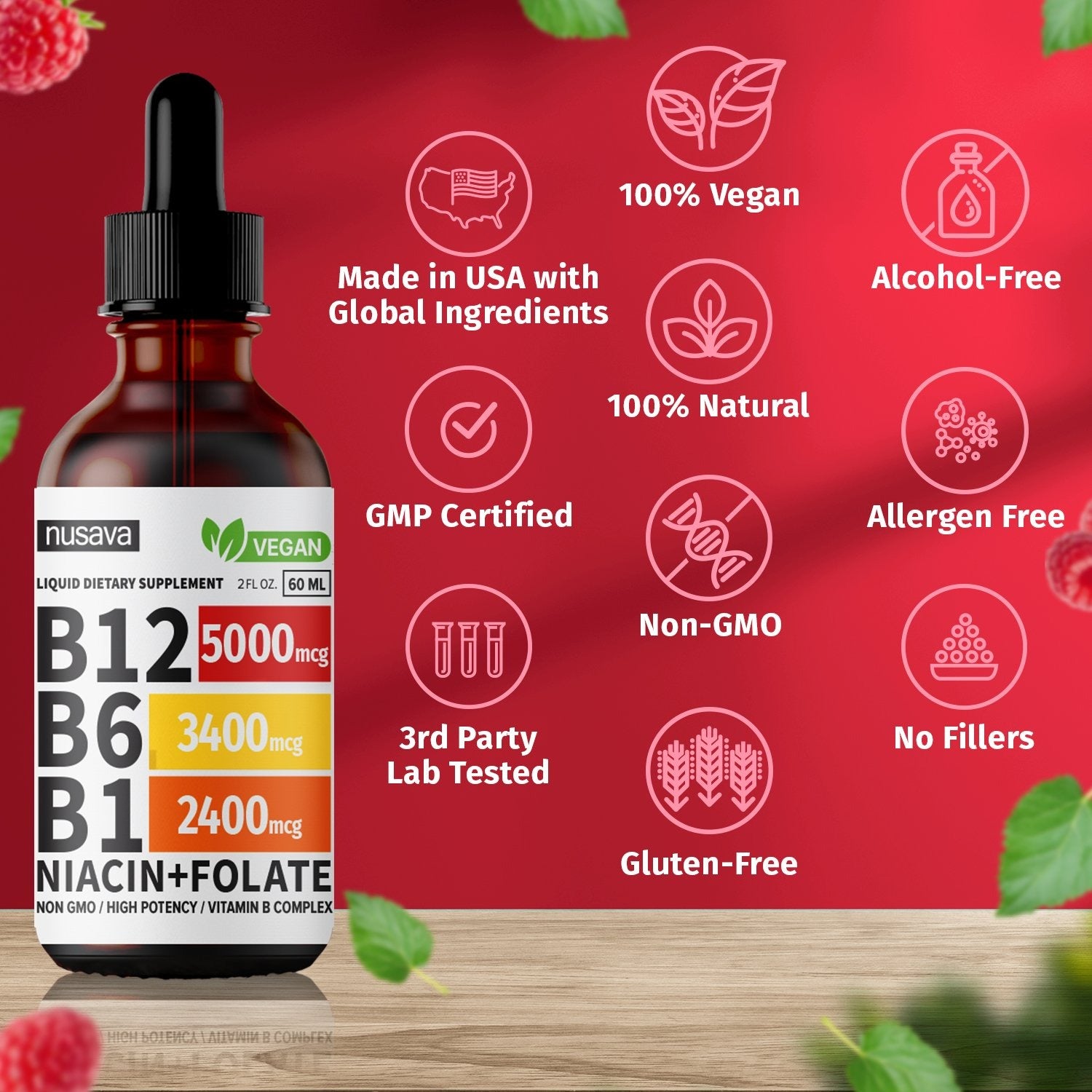 Vitamin B12 Liquid Drops - Raspberry Flavor