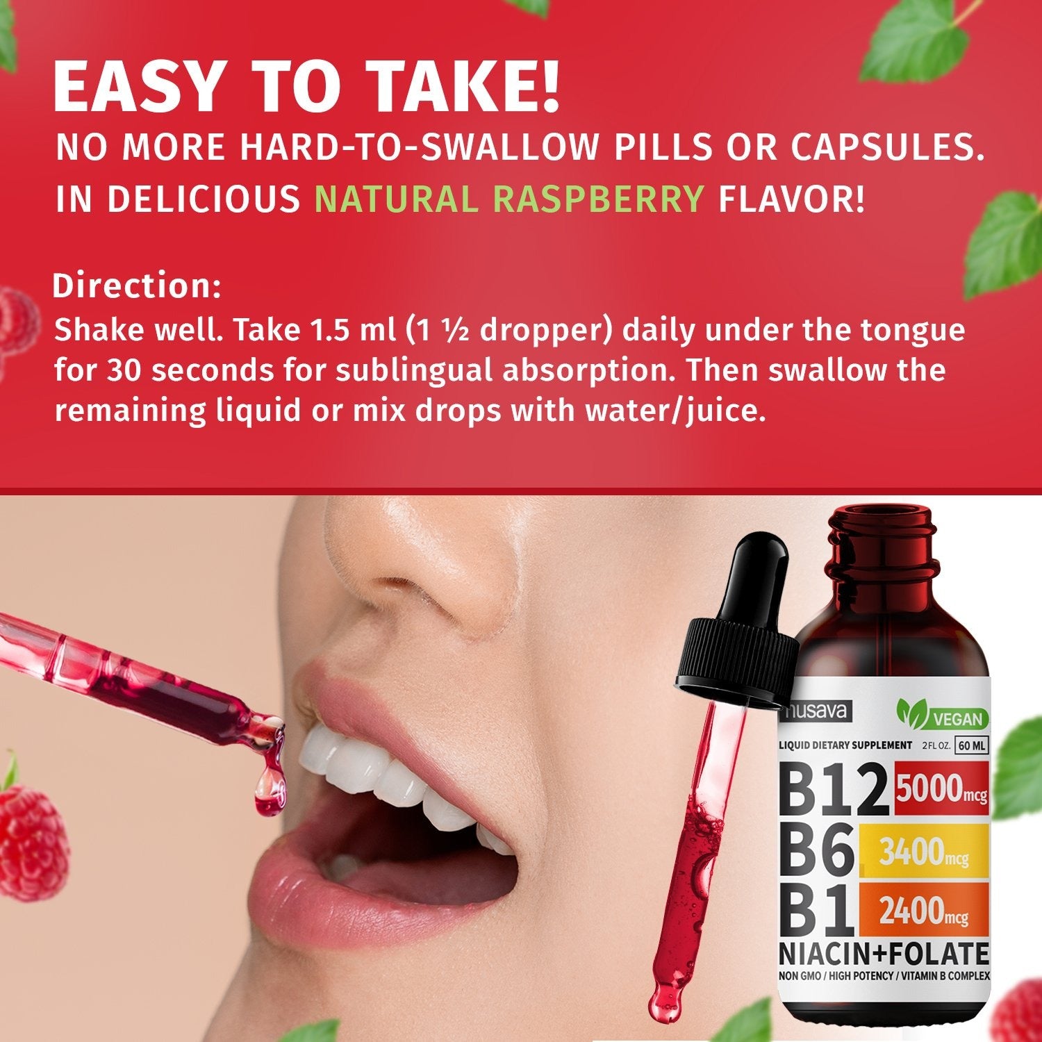 Vitamin B12 Liquid Drops - Raspberry Flavor