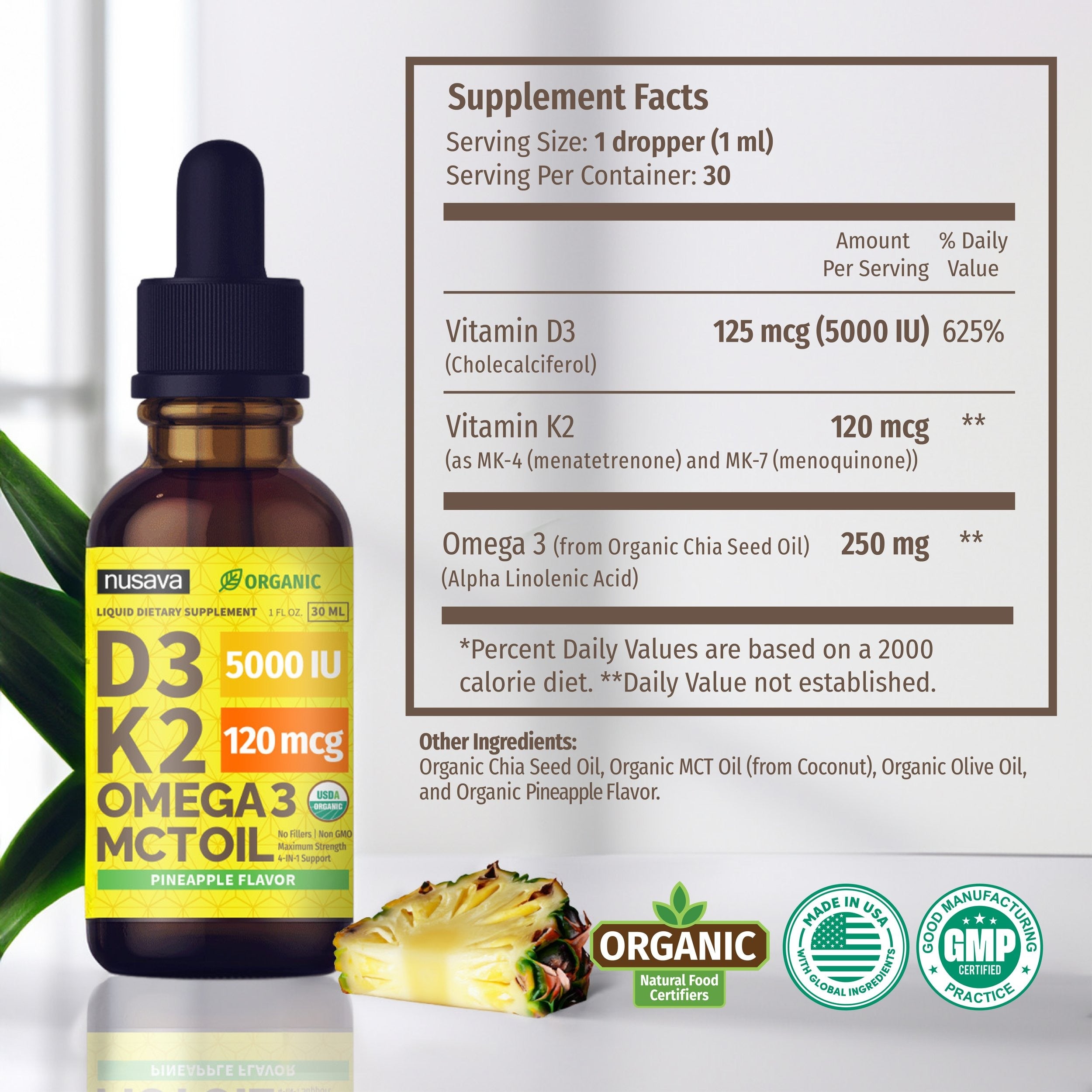 Organic Vitamin D3 K2 Drops - Pineapple Flavor