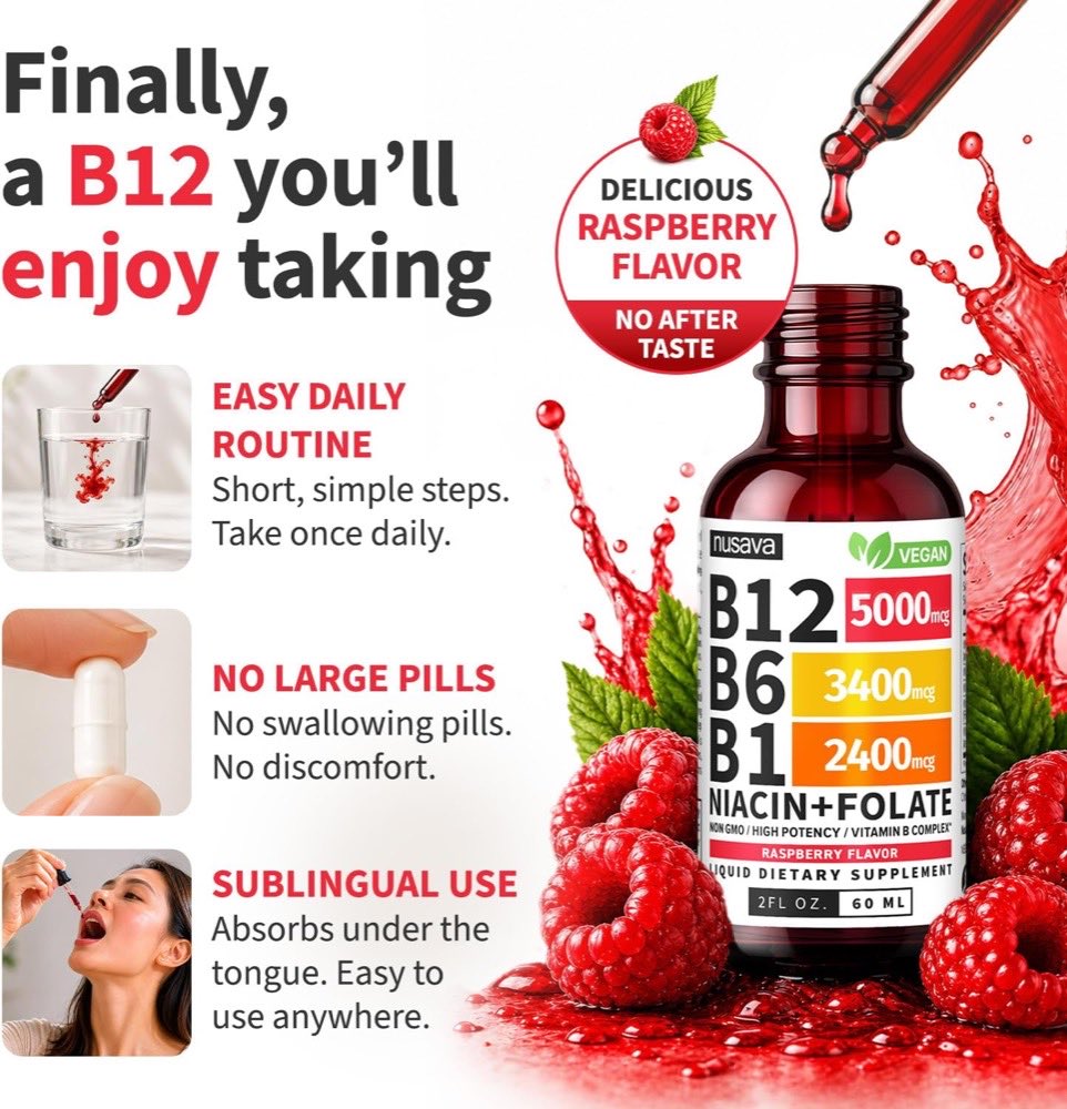 Nusava B12 liquid drops, Raspberry flavor