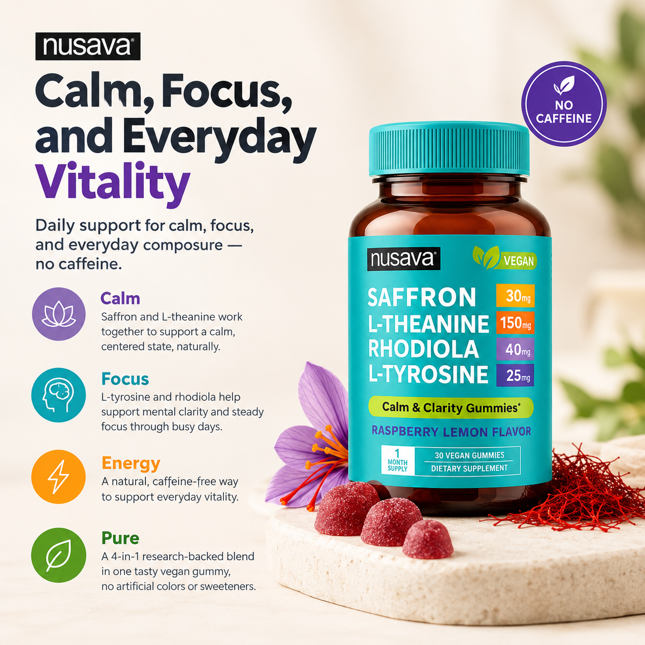 Nusava Saffron Gummies bottle with Calm, Focus, Energy and Pure benefit callouts